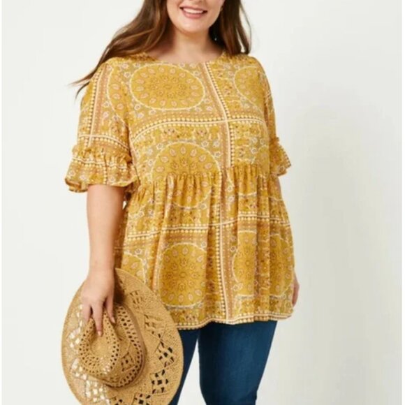 Hayden Tops - Hayden Women's Yellow Bandana Print Ruffle Sleeve Peplum Top Size S